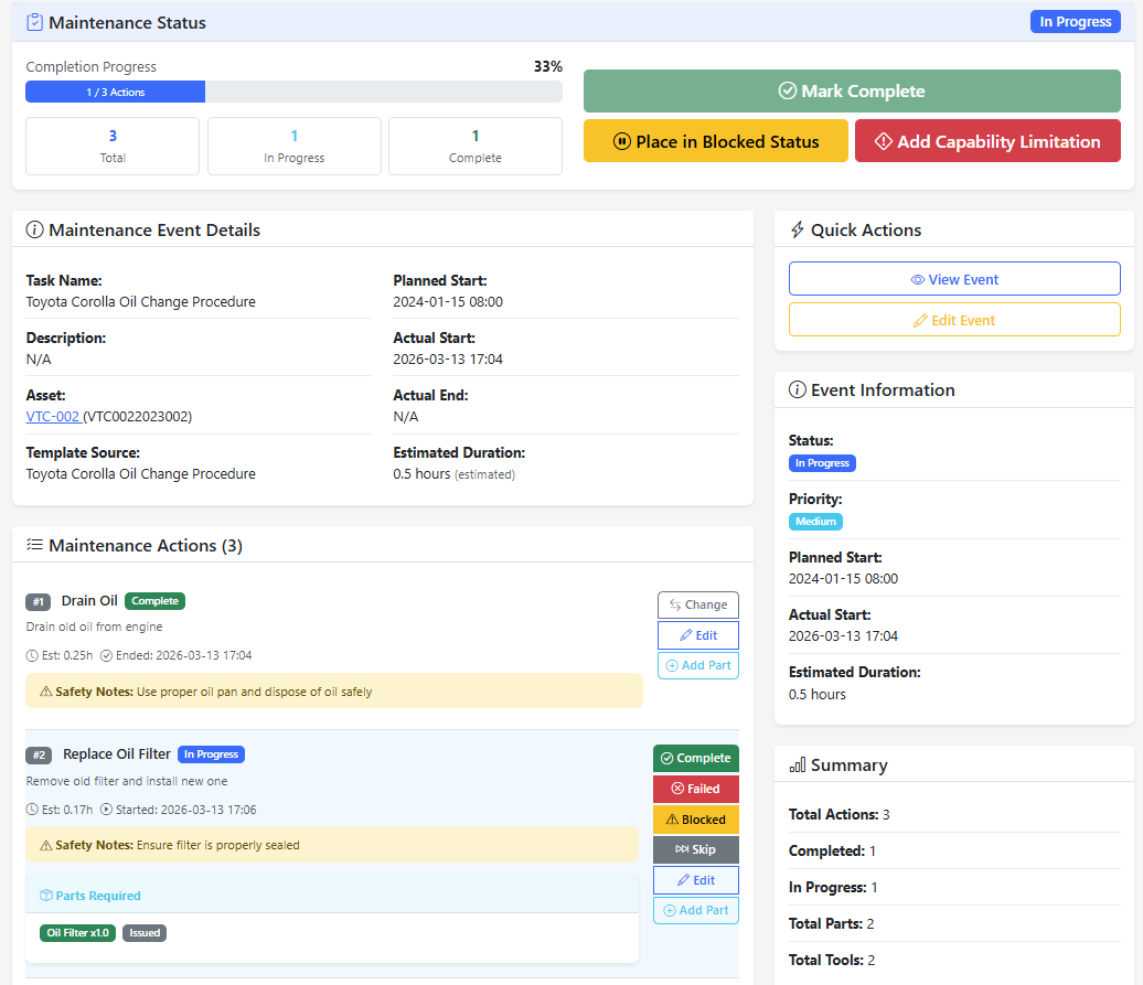EBAMS Maintenance work portal showing action items and progress