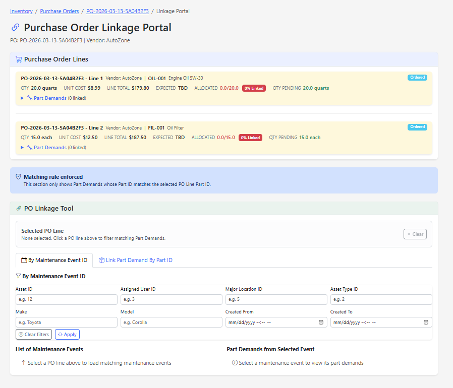 EBAMS Purchase Order linkage portal connecting PO lines to part demands