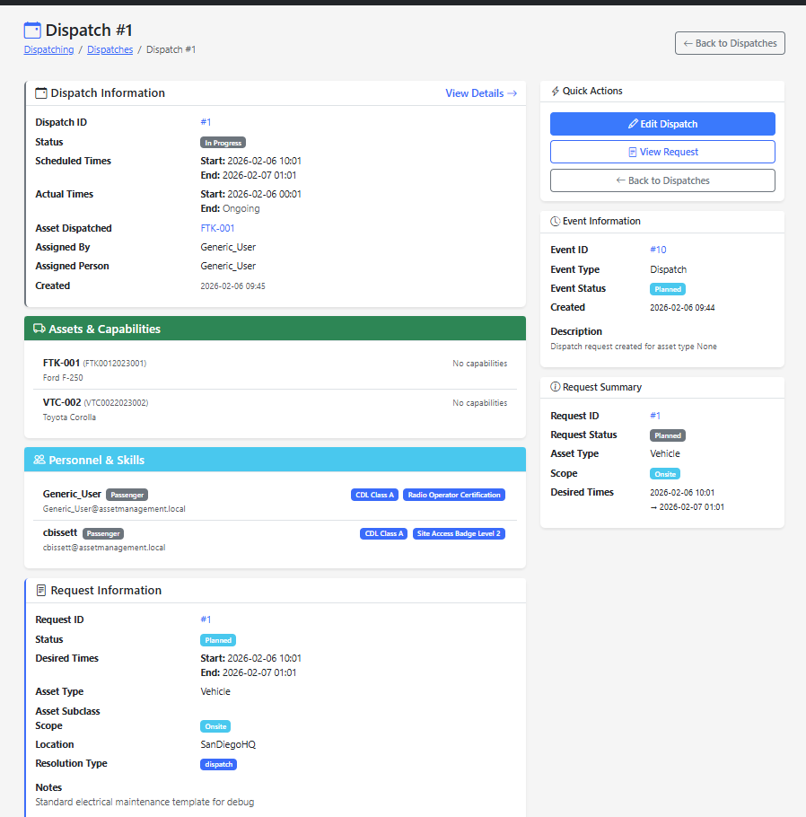 EBAMS Dispatch detail screen showing assets, personnel, and request information