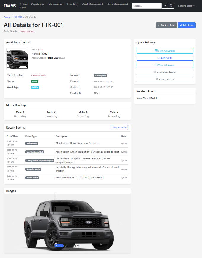 EBAMS asset detail view with meters, events, and media